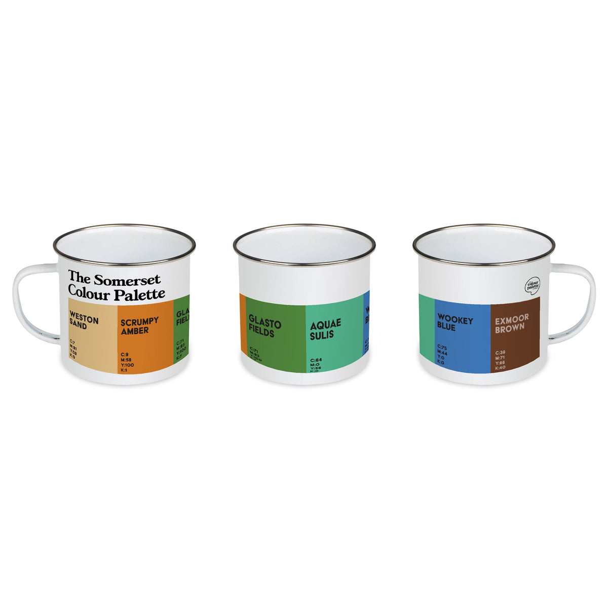 Somerset Colour Palette enamel camping mug featuring colours inspired by Somerset cider, Glastonbury, Bath, Wookey Hole and Exmoor.