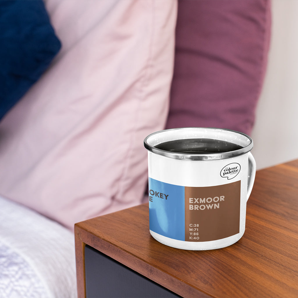 Somerset Colour Palette enamel camping mug featuring colours inspired by Somerset cider, Glastonbury, Bath, Wookey Hole and Exmoor.