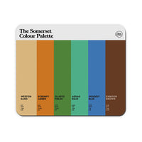 Somerset Colour Palette mouse mat with six colours inspired by Somerset cider, Glastonbury Festival, Bath’s Roman baths and Exmoor.