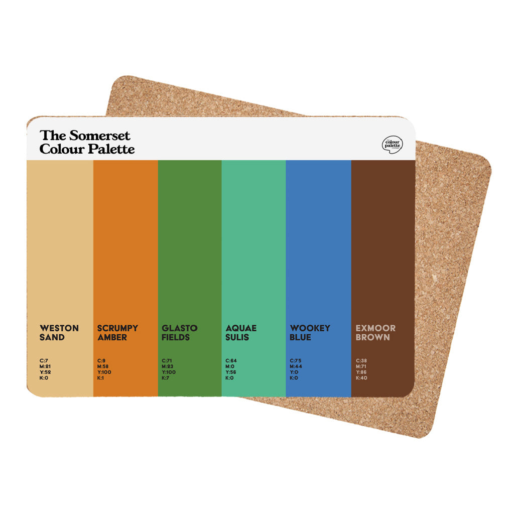 Somerset Colour Palette dining placemat with six colour swatches celebrating Weston-super-Mare, Glastonbury, Bath, Wookey Hole and Exmoor.