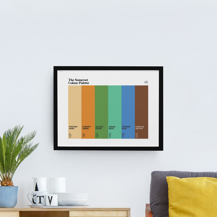 Somerset Colour Palette framed wall art featuring six colours inspired by Somerset cider, Glastonbury Festival, Bath, Wookey Hole and Exmoor.