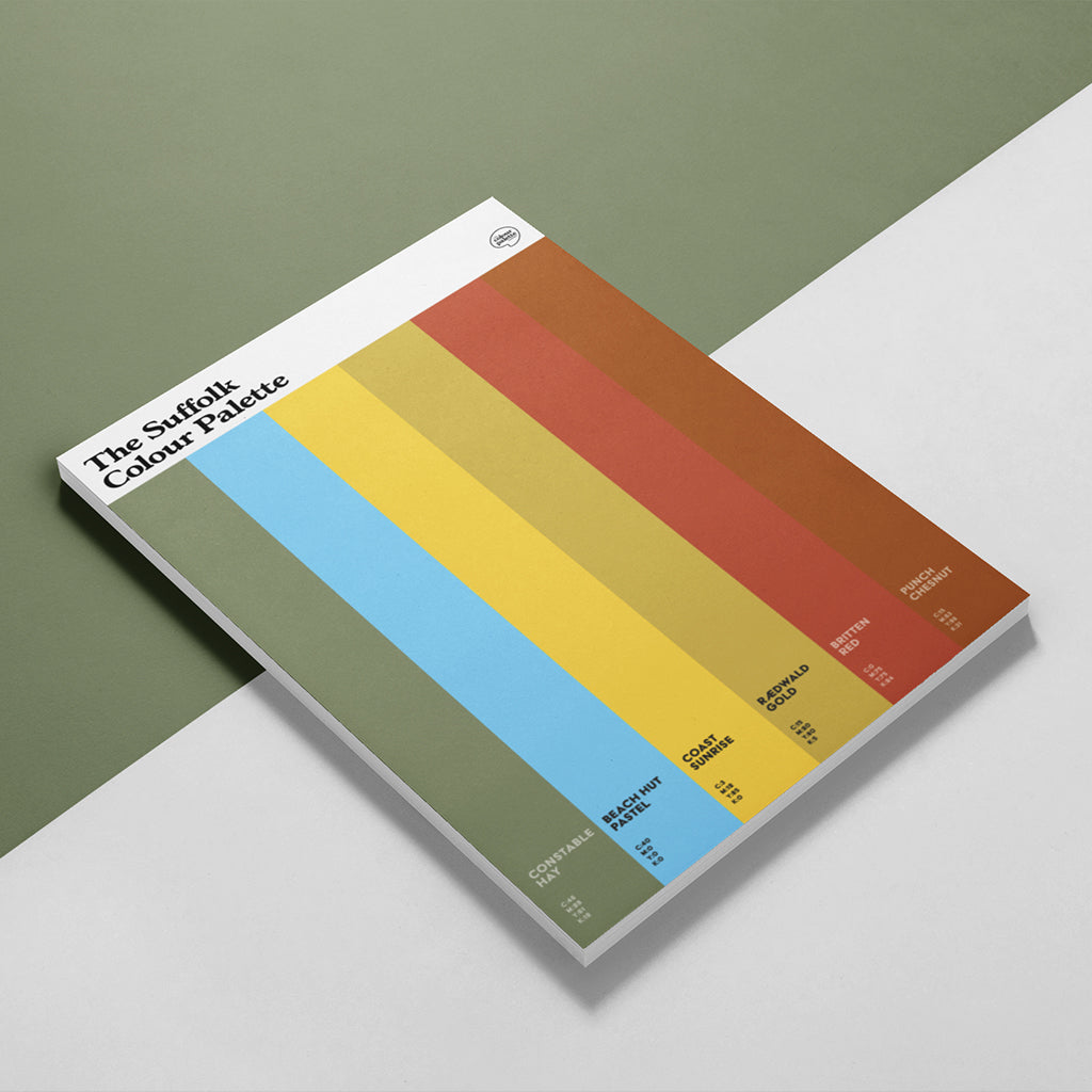 Suffolk Colour Palette A5 sketchbook featuring six colours inspired by Constable Country, Suffolk’s coastal scenery and East Anglian heritage.