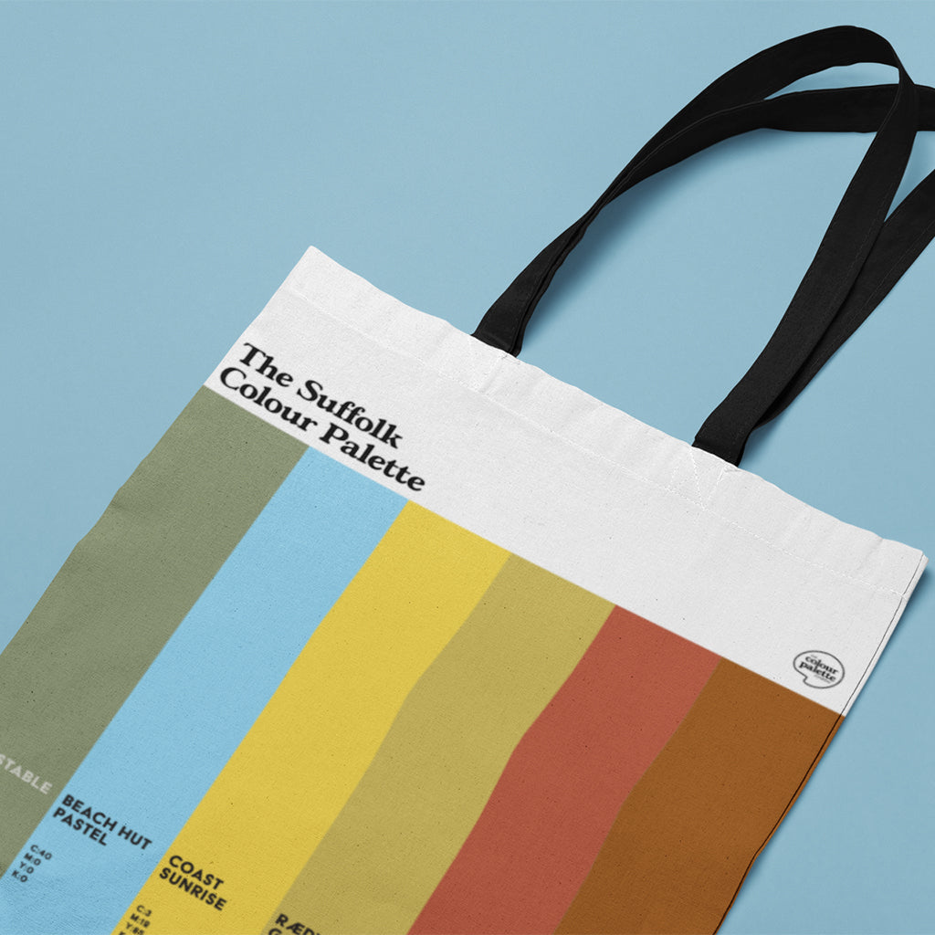 Suffolk Colour Palette cotton tote shopping bag featuring six colour swatches inspired by the Suffolk coast, Constable Country and Sutton Hoo.