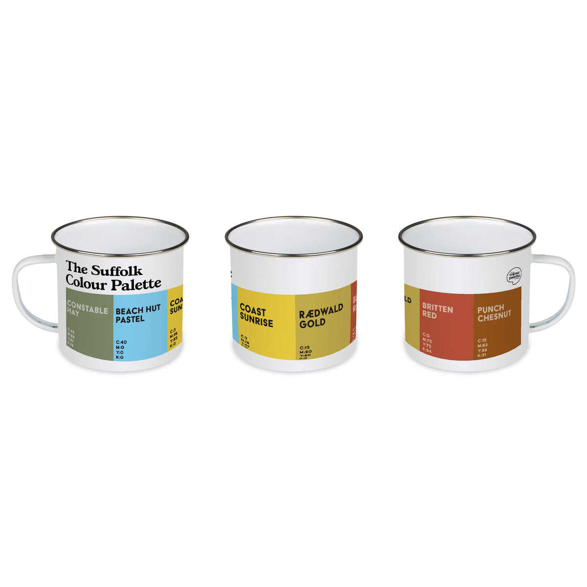 Suffolk Colour Palette enamel camping mug featuring six colours inspired by Suffolk’s coastal beaches, Constable Country and countryside.