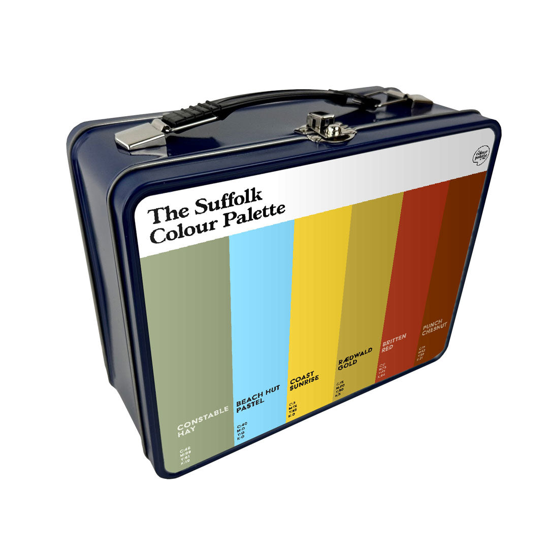 Suffolk Colour Palette metal lunch box featuring six colour swatches celebrating Suffolk’s seaside towns, countryside and local history.