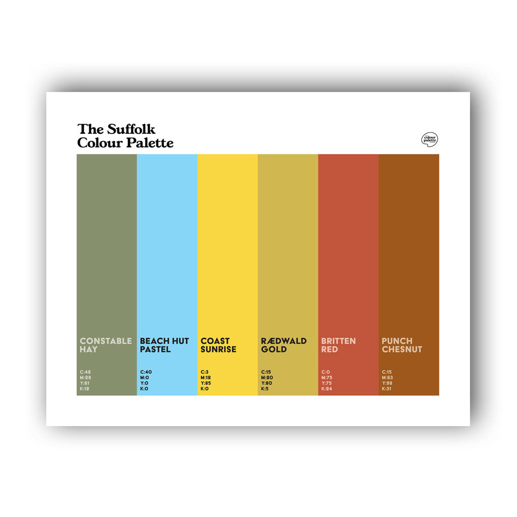 Unframed Suffolk Colour Palette wall art featuring six colours inspired by Suffolk’s coastline, John Constable, Sutton Hoo and local heritage.