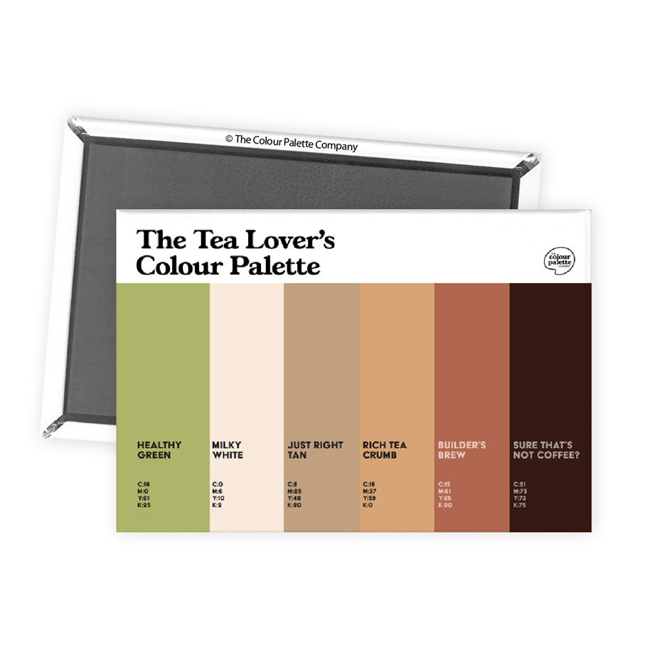 Gifts for Tea Drinkers: A colourful Tea Lover’s fridge magnet featuring six familiar shades of a proper cuppa, from Milky White to Builder’s Brew.