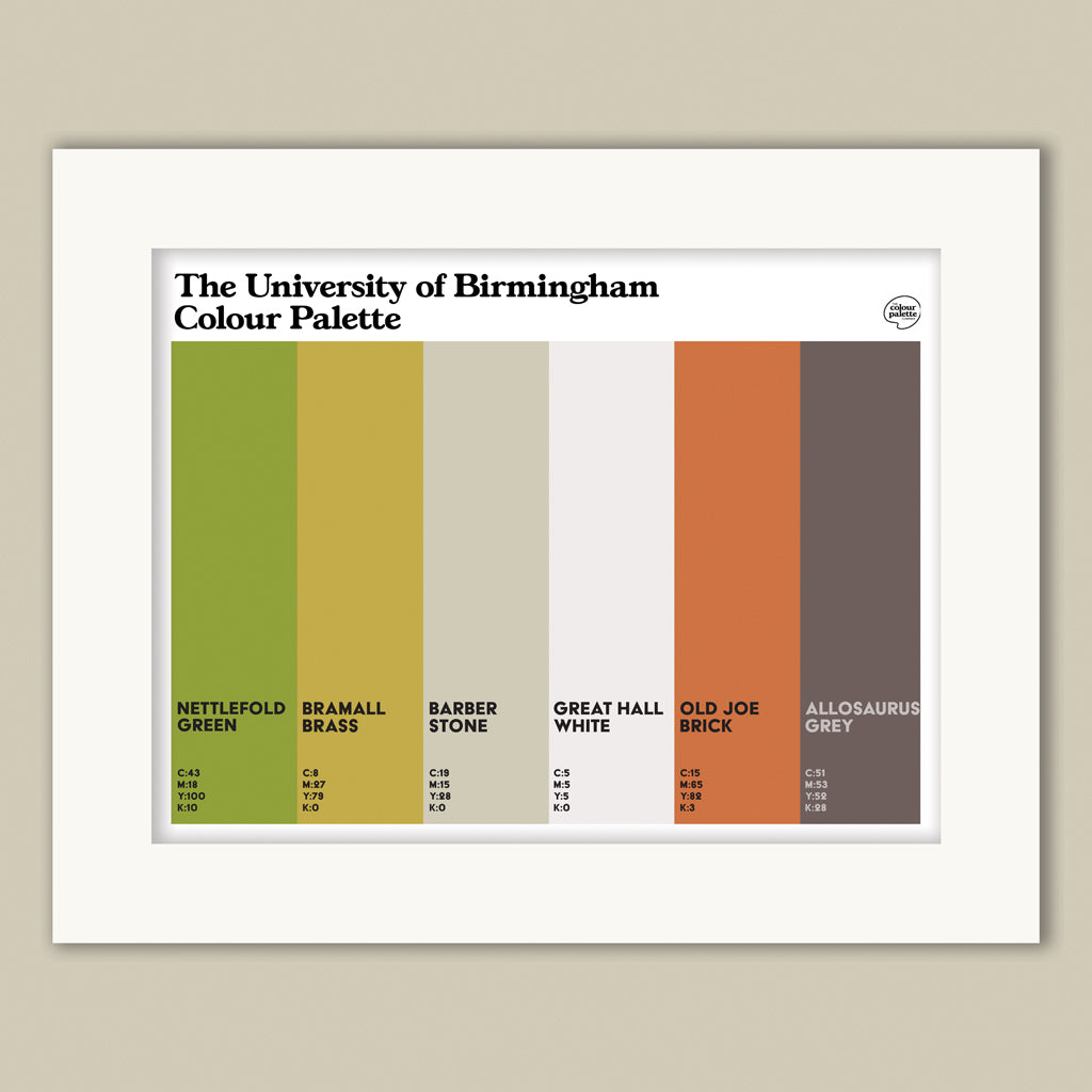 University of Birmingham mounted art print featuring the colours of the university