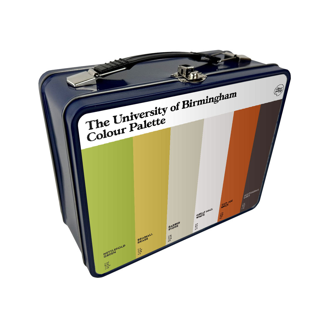University of Birmingham retro metal lunchbox featuring the colours of the university
