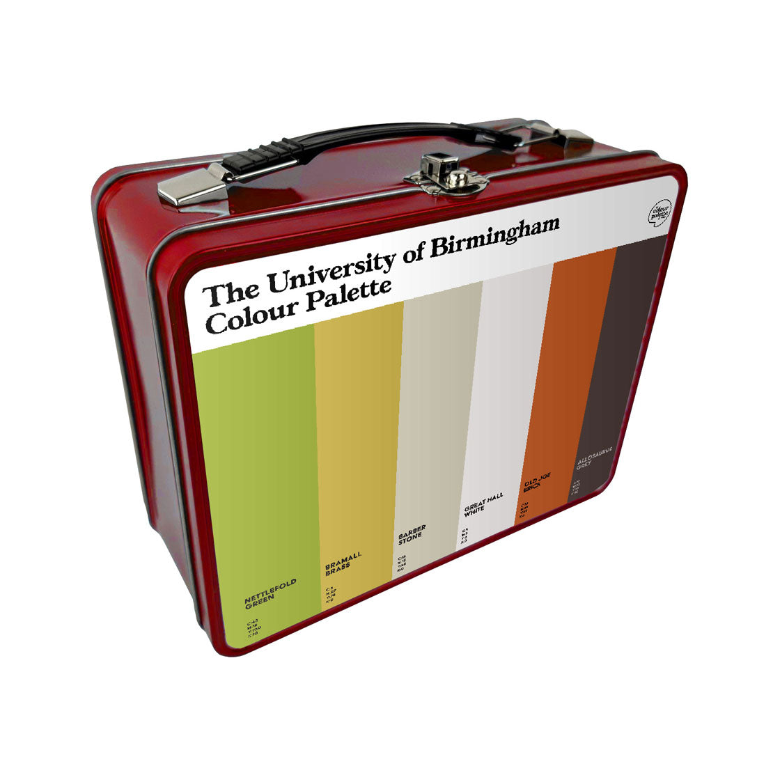 University of Birmingham retro metal lunchbox featuring the colours of the university