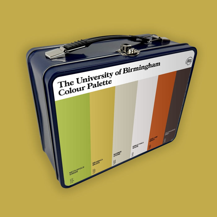 University of Birmingham retro metal lunchbox featuring the colours of the university