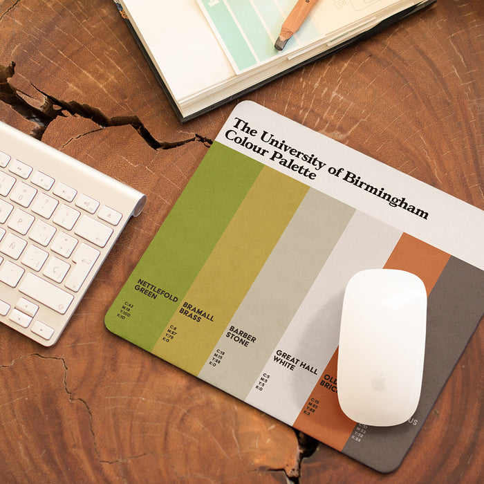 University of Birmingham mouse mat featuring the colours of the university