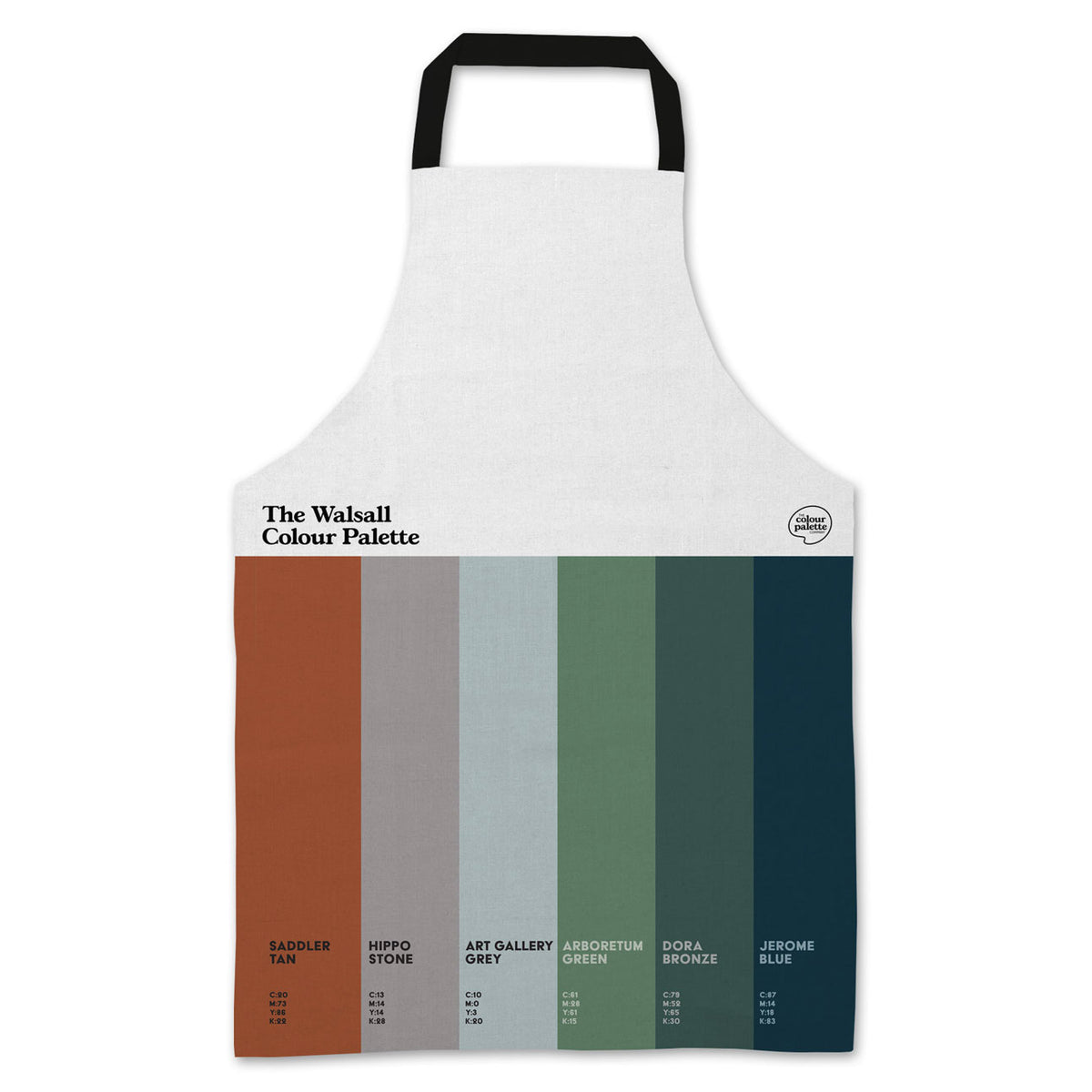 Walsall Colour Palette apron decorated with six colours inspired by the town’s saddlery heritage, famous landmarks and notable local people.