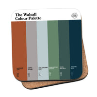 Walsall Colour Palette coaster featuring six colour swatches celebrating the town’s leather industry, famous hippo sculpture, art gallery and Arboretum.