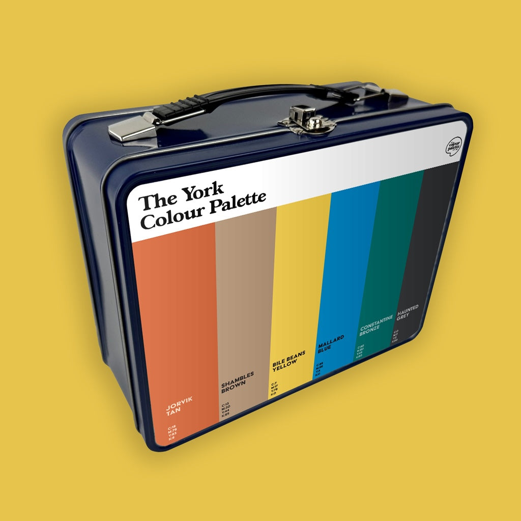 York retro metal lunchbox featuring the York colour palette