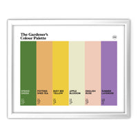 gardeners art framed print in a white frame featuring the colours of gardening