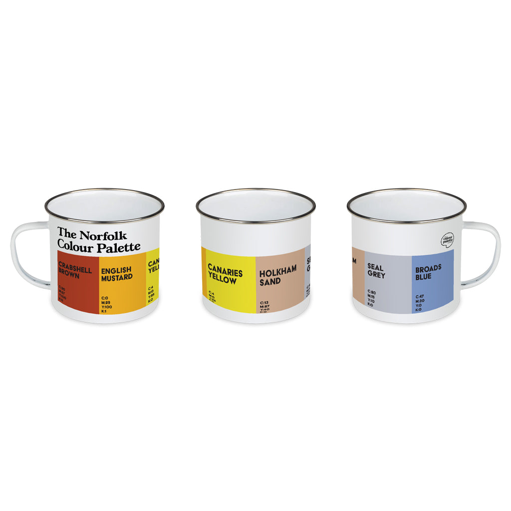 Norfolk enamel mug featuring the colours of Norfolk