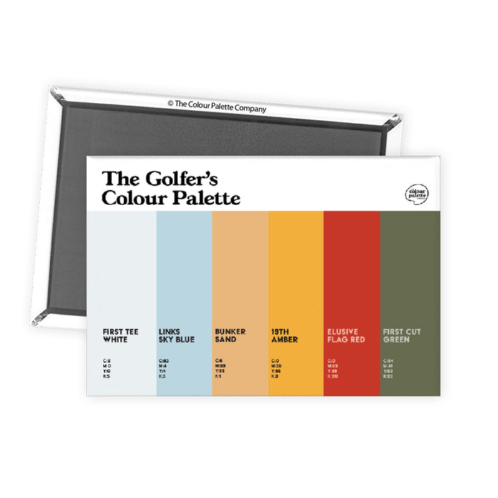 A rectangular printed magnet showing 'The Golfer's Colour Palette' with six vertical color blocks: white, sky blue, sand, amber, flag red, and olive green, displayed in front of a black magnetic backing board.