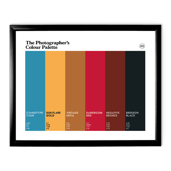 Photographer’s Colour Palette 11x14 inch wall art featuring six colours, available framed or unframed.