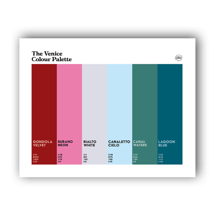 Venice wall art featuring six colours inspired by famous Venetian landmarks and waterways.