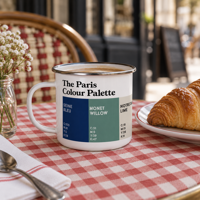 Paris Colour Palette white enamel camping mug with black rim and colour swatches inspired by famous Paris landmarks and French culture
