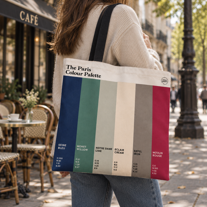 Paris Colour Palette cotton tote shopper bag featuring six vertical colour swatches inspired by the Seine, Eiffel Tower and Moulin Rouge