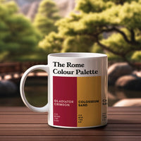 White porcelain Rome Colour Palette mug featuring colour swatches inspired by Rome’s Colosseum, Pantheon, Trevi Fountain and Italian food culture.