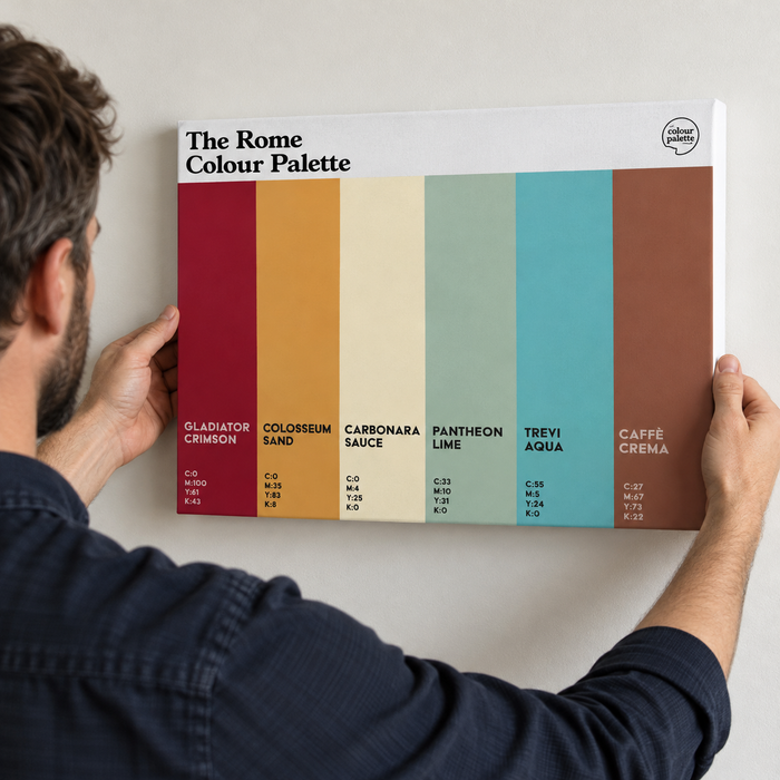 Rome Colour Palette canvas wall art featuring six vertical colour swatches inspired by the Eternal City’s ancient history, famous landmarks and food.