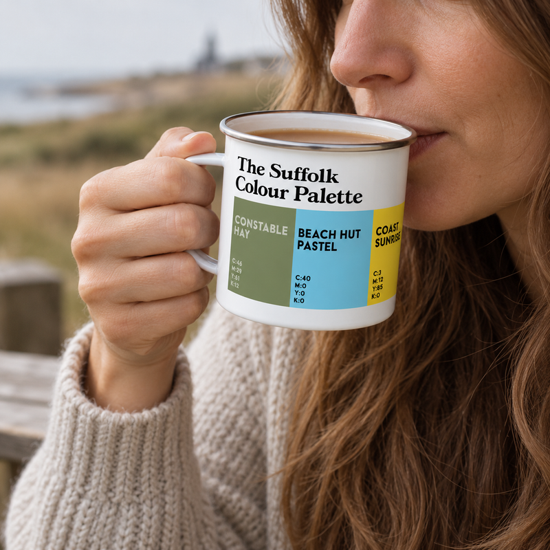 Suffolk Colour Palette enamel camping mug featuring six colours inspired by Suffolk’s coastal beaches, Constable Country and countryside.