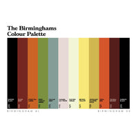 The Birminghams Colour Palette as an A4 or A3 print, featuring Birmingham Alabama and Birmingham UK and the colours of the two cities for International Day of Birmingham