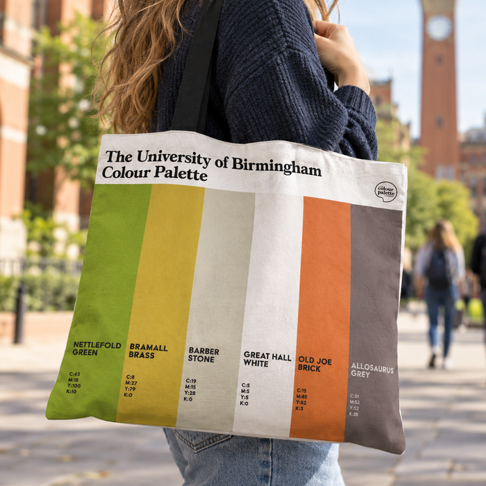 University of Birmingham tote bag or book bag featuring the colours of the university