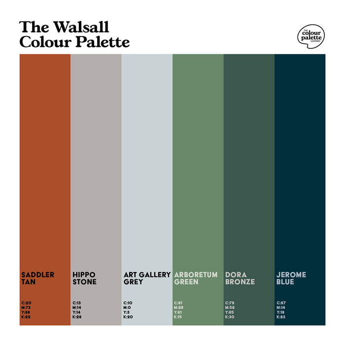 The Walsall Colour Palette design featuring six colours that represent Walsall in the West Midlands