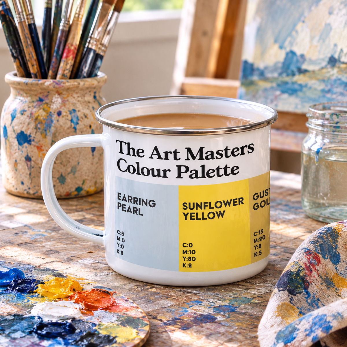The Art Masterpieces enamel mug featuring the Art Masters Colour Palette