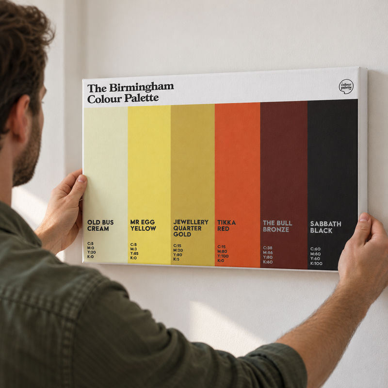 A framed 'The Birmingham Colour Palette' wall art print hangs on a beige wall. The print displays six vertical color blocks: Old Bus Cream, Mr Egg Yellow, Jewellery Quarter Gold, Tikka Red, The Bull Bronze, and Sabbath Black, with CMYK codes and brief descriptions.