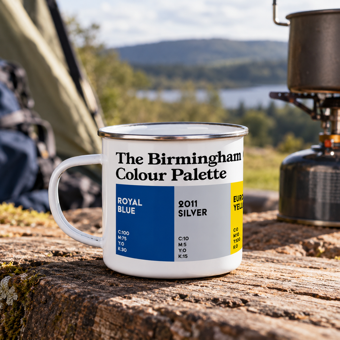 White Birmingham City Colour Palette enamel mug with contrasting rim and colour swatches inspired by Blues football history.