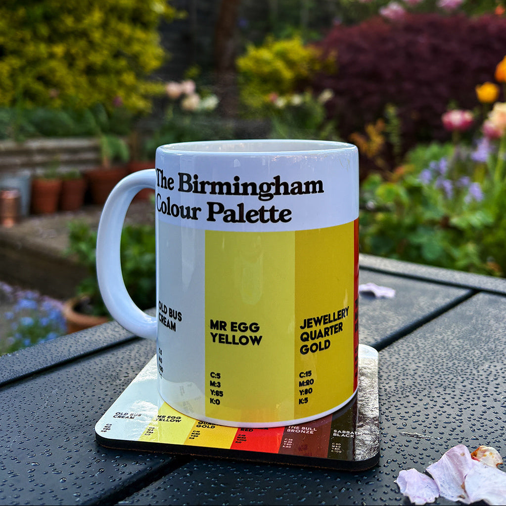 Birmingham Colour Palette porcelain mug featuring six iconic Brummie colours, including Mr Egg Yellow, Jewellery Quarter Gold and Sabbath Black.