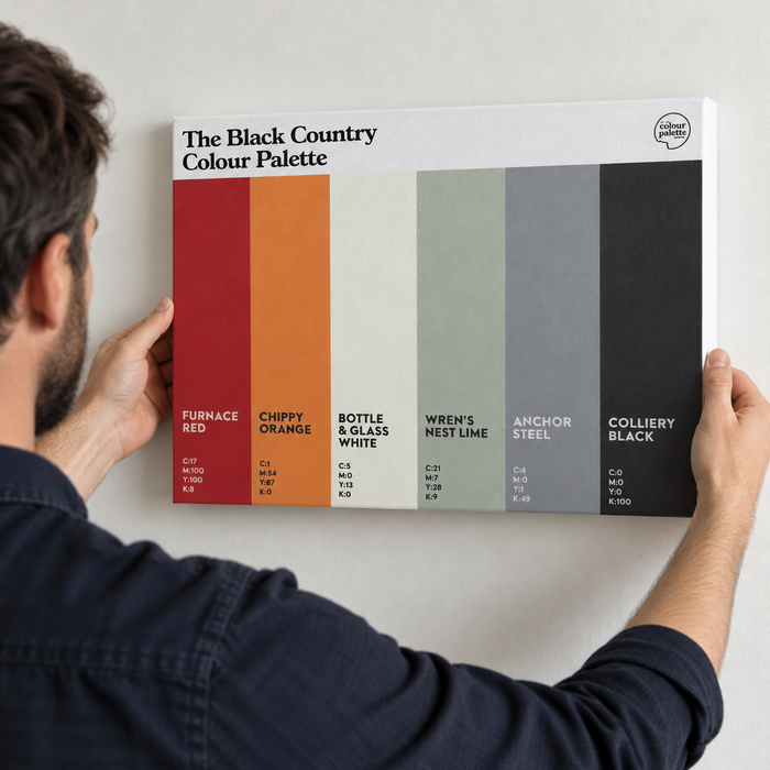 Black Country Colour Palette canvas wall art featuring six vertical colour swatches inspired by industrial furnaces, mining, steelmaking and local traditions.