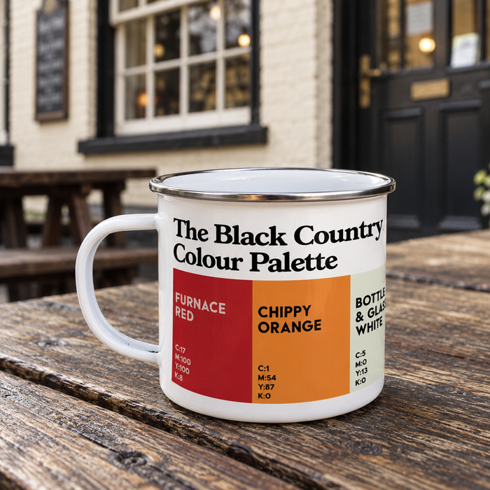 White Black Country Colour Palette enamel mug with contrasting rim and colour swatches inspired by the area’s industrial heritage and local traditions.