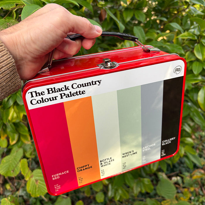 Black Country Colour Palette metal lunch box featuring six colours inspired by orange chips, the Black Country Living Museum and industrial history.