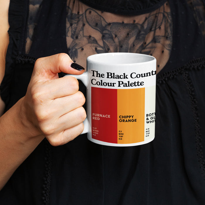White porcelain Black Country Colour Palette mug featuring colour swatches inspired by orange chips, the Black Country Living Museum and local landmarks.