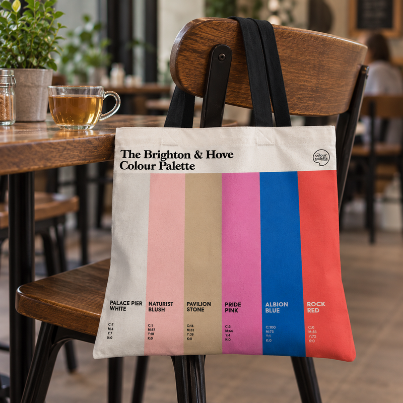 Brighton & Hove Colour Palette cotton tote shopping bag with six colour swatches inspired by Brighton Palace Pier, Pride, the Royal Pavilion and Albion.