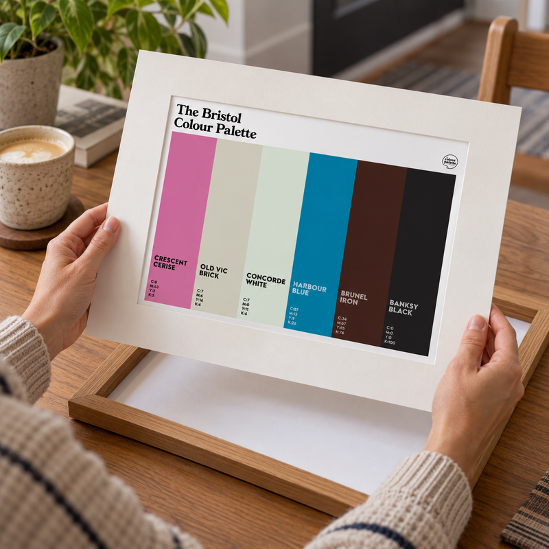 Bristol Colour Palette mounted art print with six colour swatches celebrating Cliftonwood, Bristol Old Vic, Concorde, the Harbourside, Brunel and Banksy.