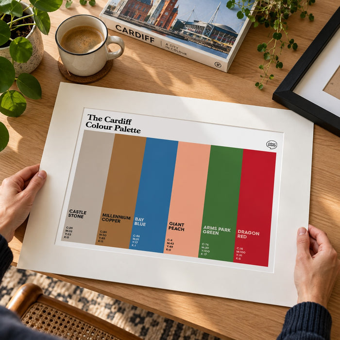 The Cardiff Colour Palette Mounted Art print ready for framing