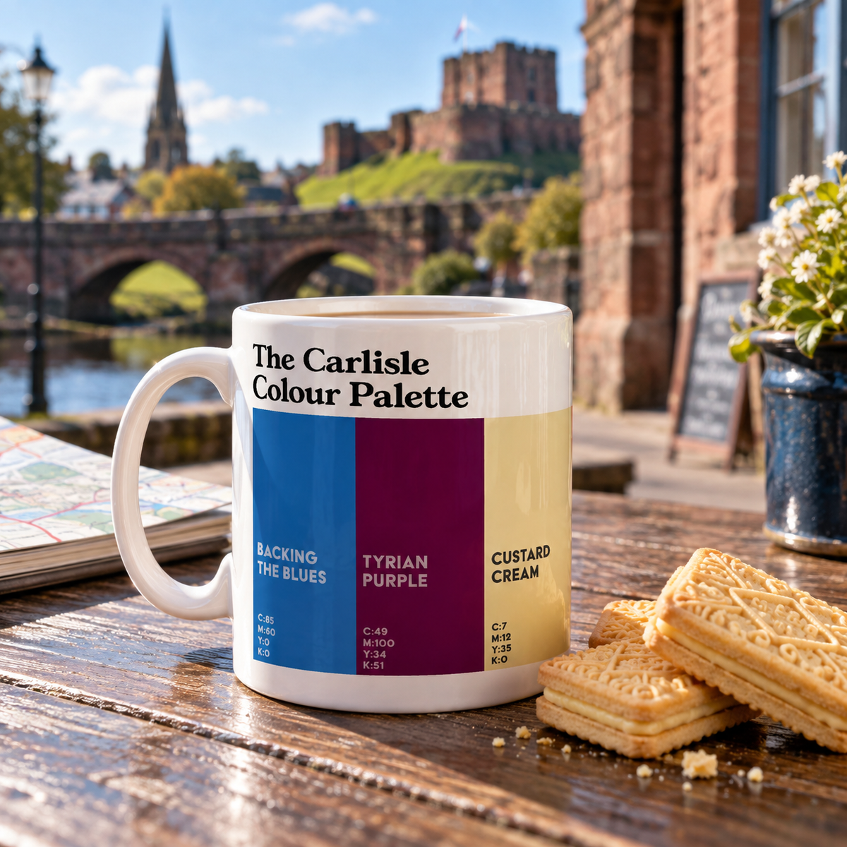 Carlisle Colour Palette mug with Custard Creams
