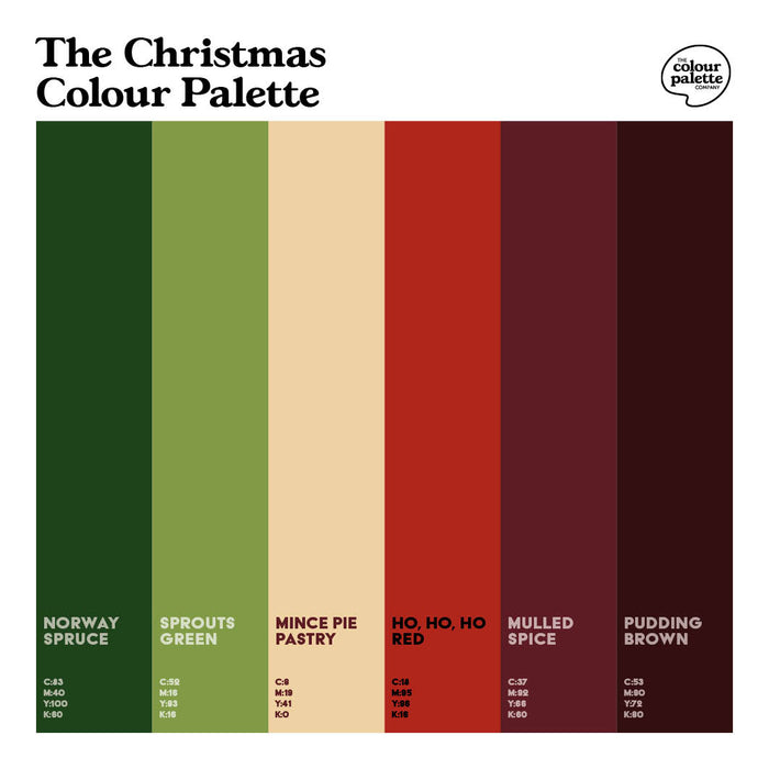 The Christmas Colour Palette' with six vertical color blocks labeled Norway Spruce, Sprouts Green, Mince Pie Pastry, Ho, Ho, Ho Red, Mulled Spice, and Pudding Brown, plus a 'Colour palette' logo in the top right.