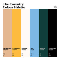 The Coventry Colour palette design of six colour swatches and references to the city