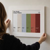 Derby Colour Palette mounted art print with six colours inspired by Derby’s famous landmarks, football and engineering history.
