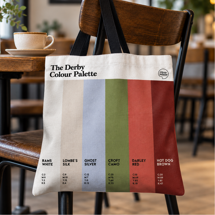 Derby Colour Palette cotton tote shopping bag featuring six colours inspired by Derby County, Rolls-Royce and the city’s industrial heritage.