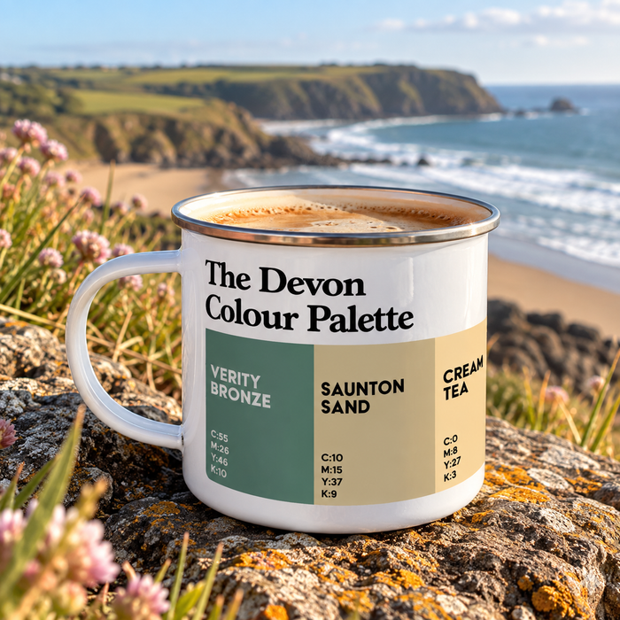 Devon enamel mug featuring the colours of Devon
