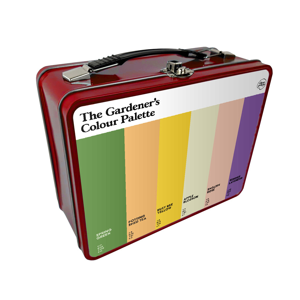 Gardeners metal storage and lunch box featuring the colours of gardening